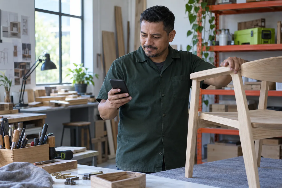 Fabricante de muebles consultando su celular en el taller