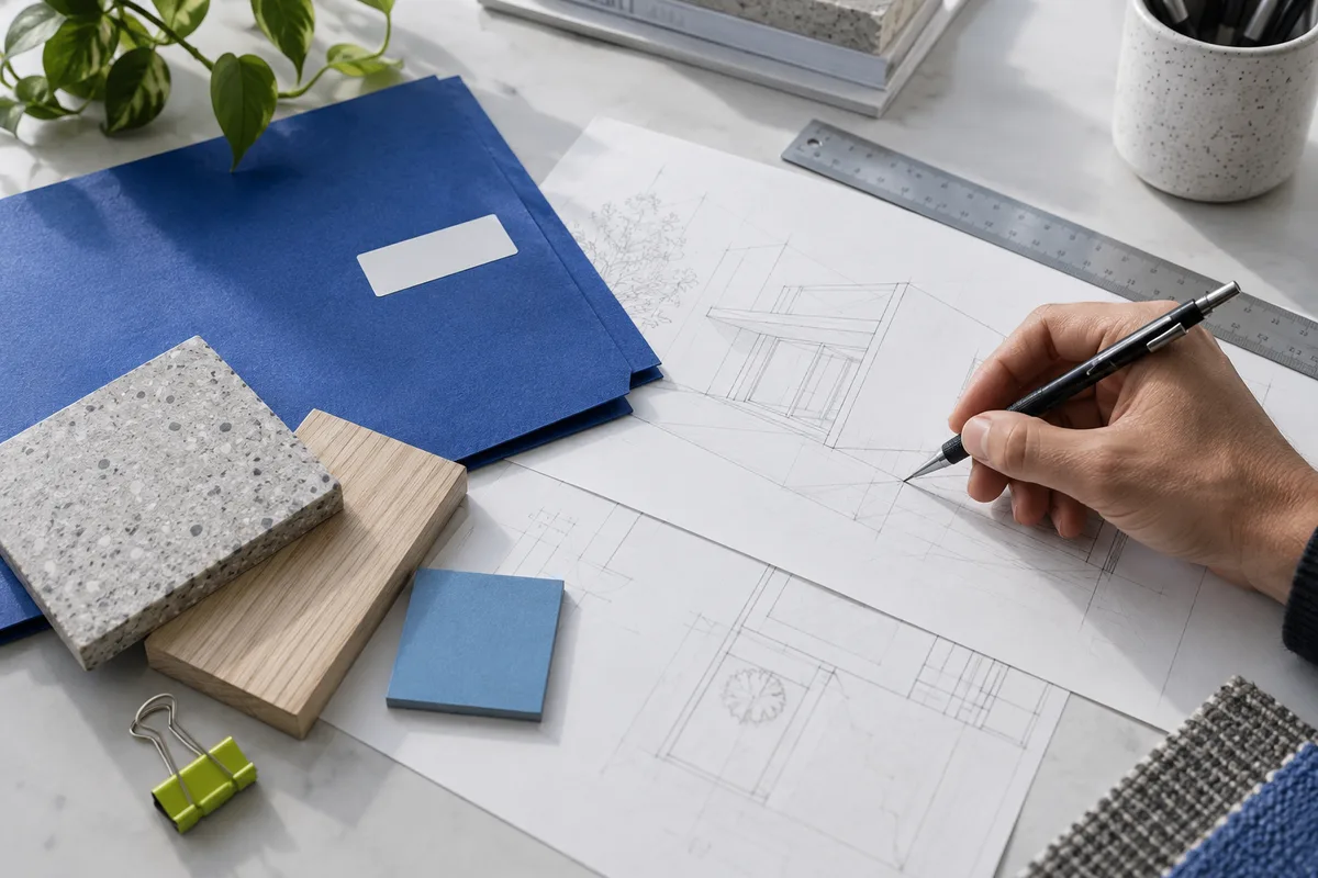 Mesa de trabajo con planos, materiales y una cotización impresa
