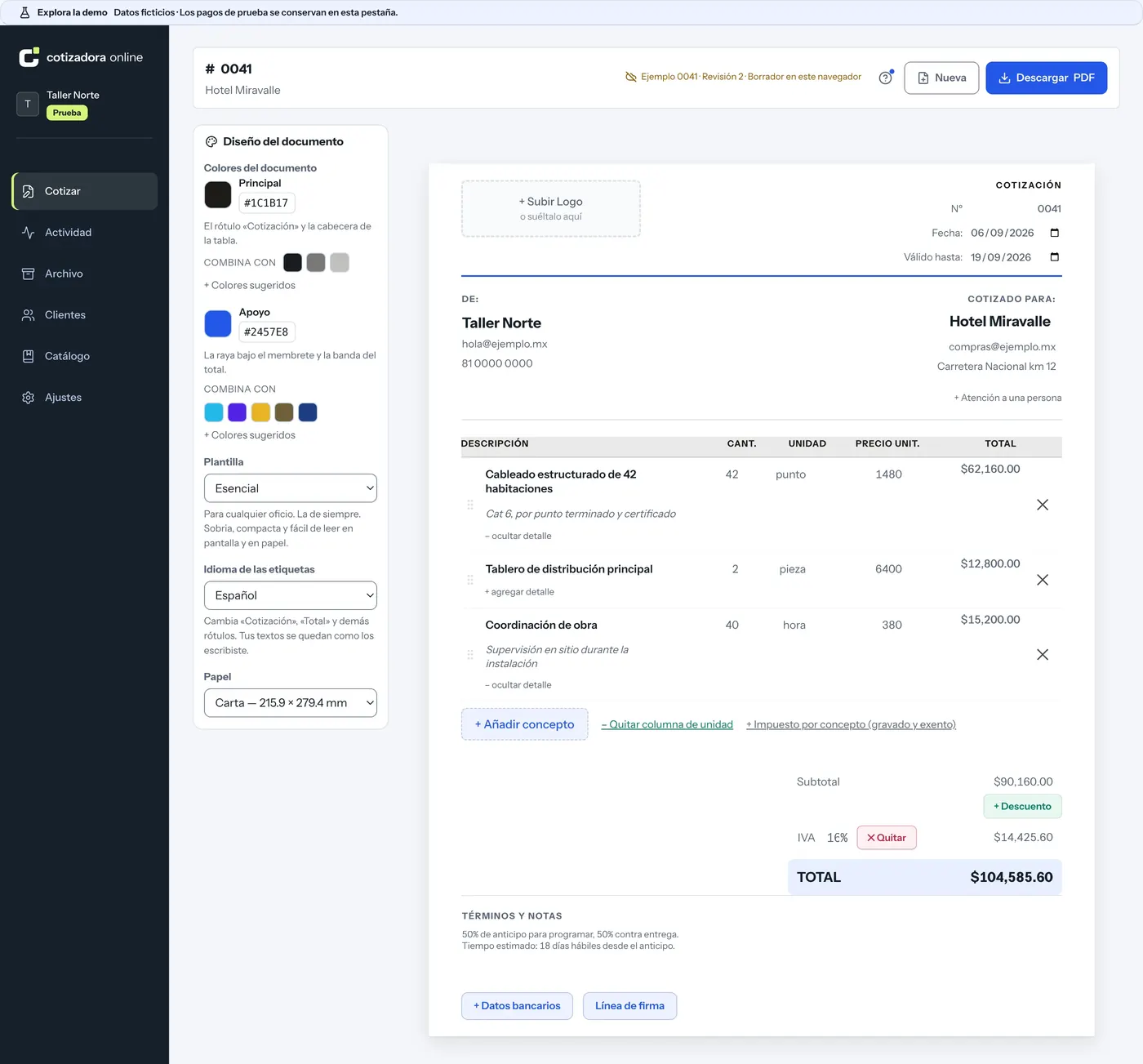 Pantalla «Tu cotizador» de Cotizadora Online Pro. Lo primero que ves al entrar: el mismo editor de la portada, con tu logotipo, tu impuesto y tus condiciones ya puestos en cada cotización nueva, y a un lado el diseño del documento.